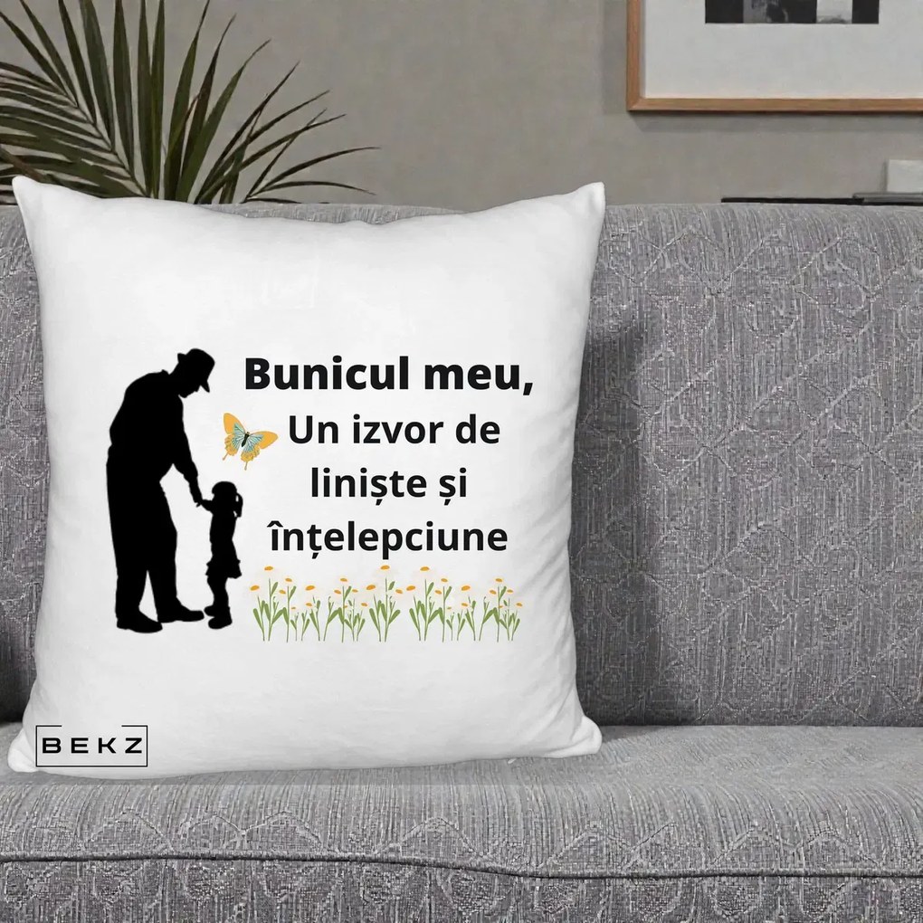 Cadou pentru Bunic - Perna Personalizata Bunicul Meu Izvor de Liniste cu Fluture si Fetita, 40x40 cm, Alb Pufos, Husa Detasabila, Perna Inclusa, BEKZ®