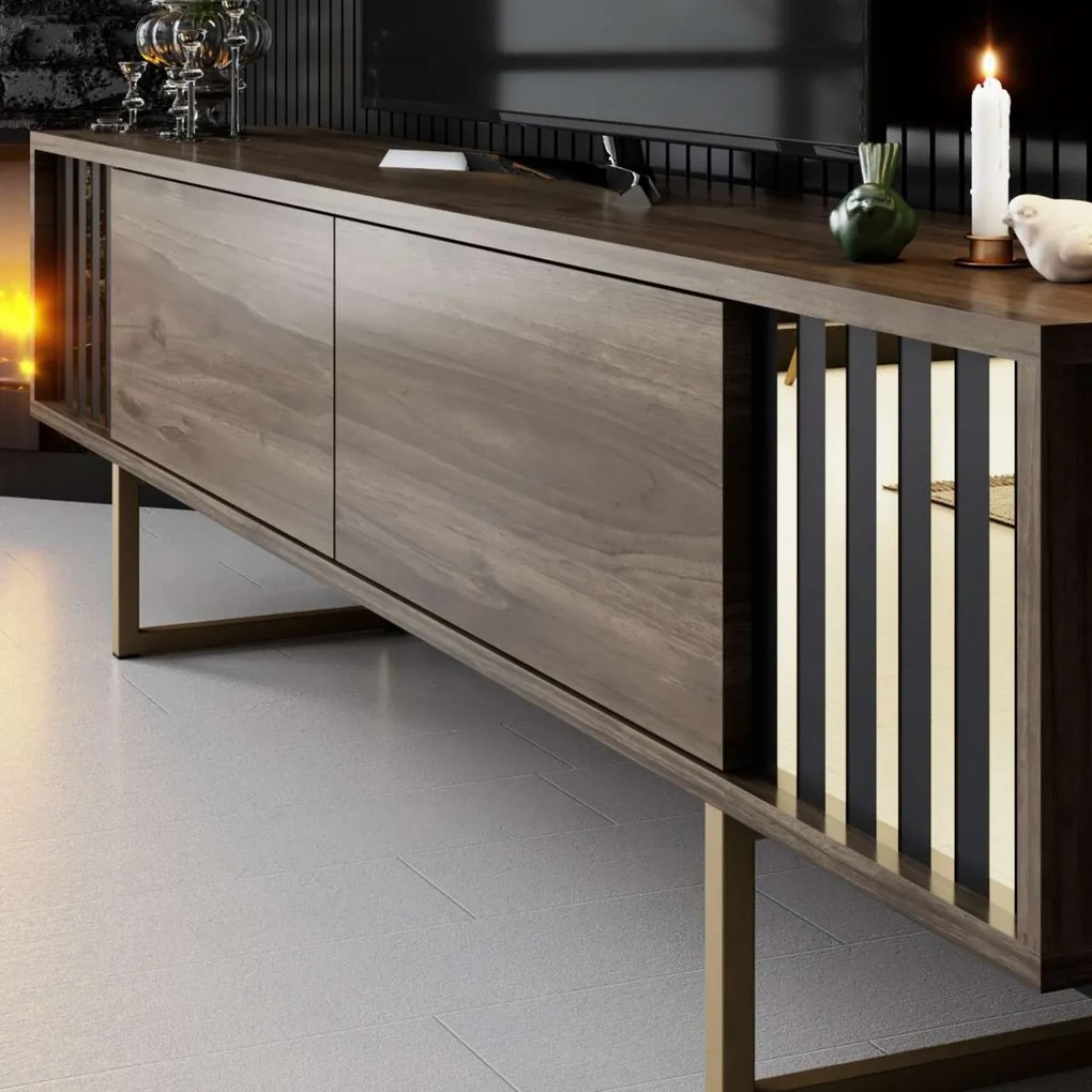 Comoda TV, Hanah Home, Gold Line, 180x30x48 cm, Nuc / Aur