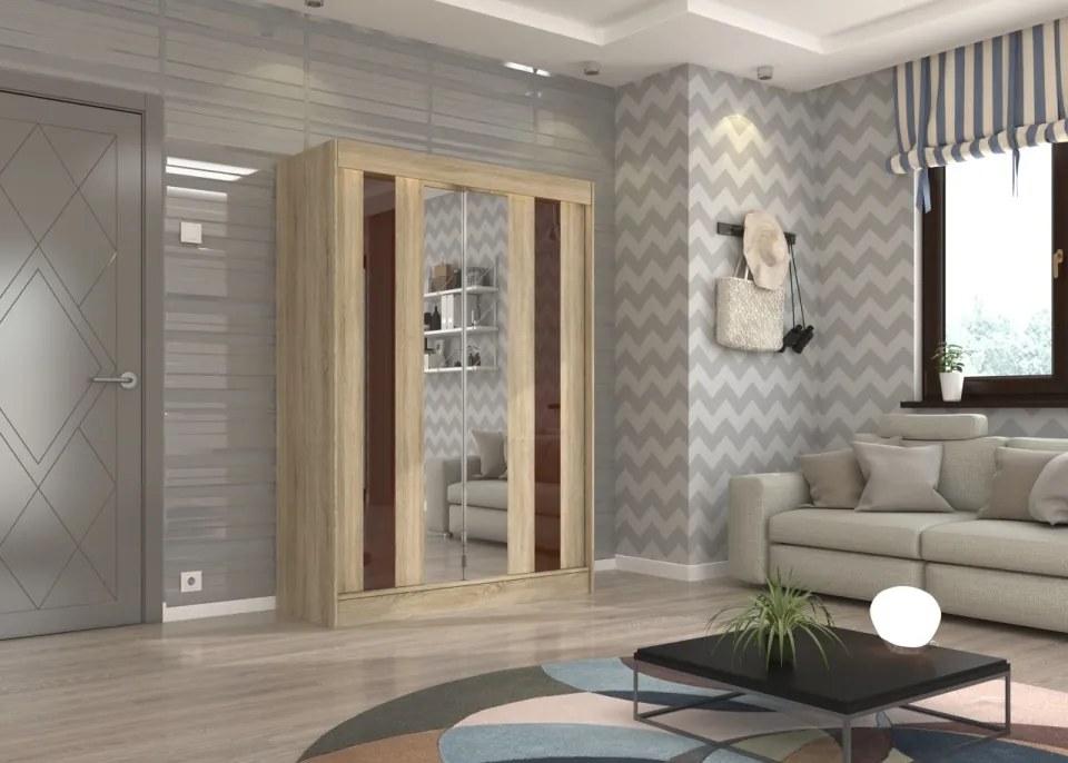 Dulap cu usi glisante si oglinda 150x215 cm, Keita, ADRK Furniture (Culoare: Alb / Negru Lacobel)