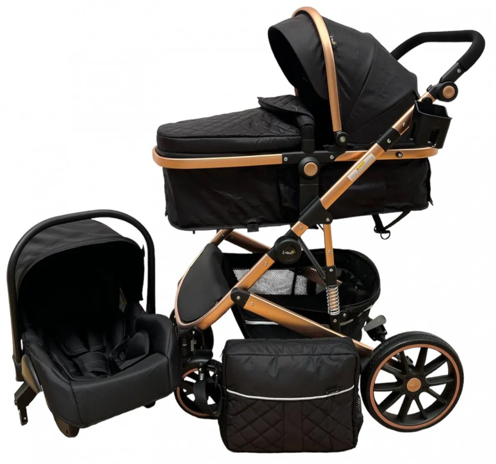 Carucior 3 in 1 cu scoica auto, transformabil, reversibil, cu roti cauciuc, 0-36 luni - CPC-37-negru