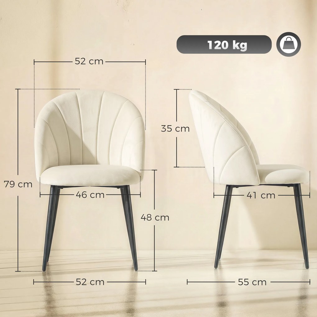 HOMCOM Set 2 Scaune Dining cu Spătar Tip Scoică și Picioare Metalice, Catifea, Crem | Aosom Romania