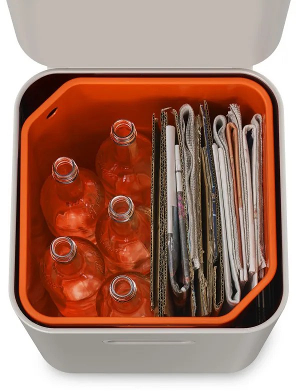 Cos de gunoi 3in1 pentru reciclare si organic Joseph Joseph Totem Compact 30064, 2x20 L, Recipient pentru deseuri 3 L, Design vertical, Filtre carbune activ, Bej