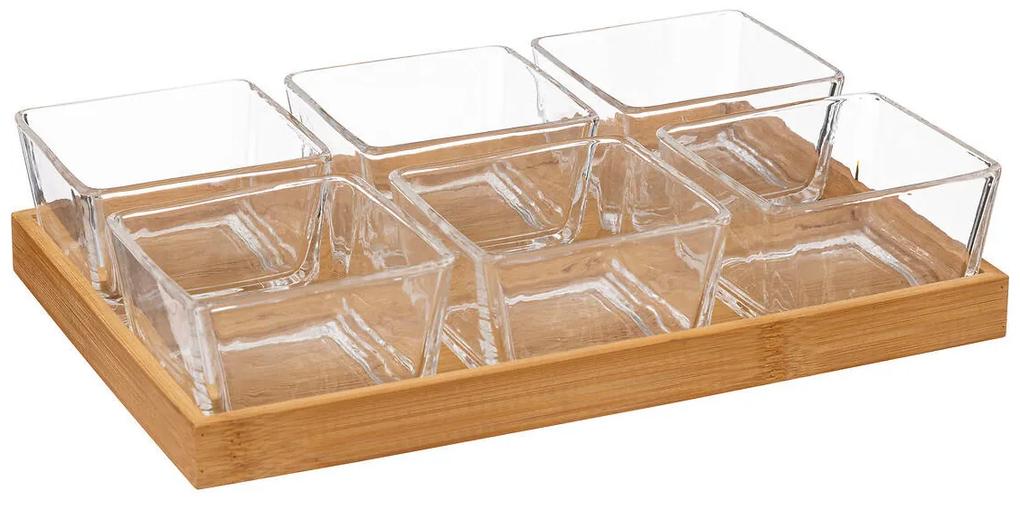 Set 6 boluri pătrate pentru aperitive, din sticlă, cu suport din bambus