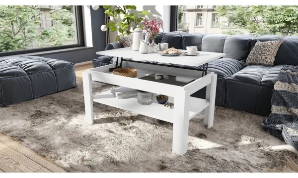 Masă de cafea extensibilă ADEN cu blat rabatabil și poliță, albă