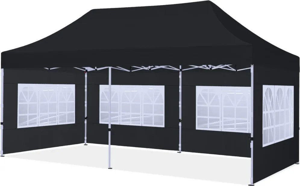 ABCCANOPY – Cort pavilion pliabil 6x3 m, înălțime reglabilă 3 trepte, pereți cu ferestre transparente, impermeabil, Negru