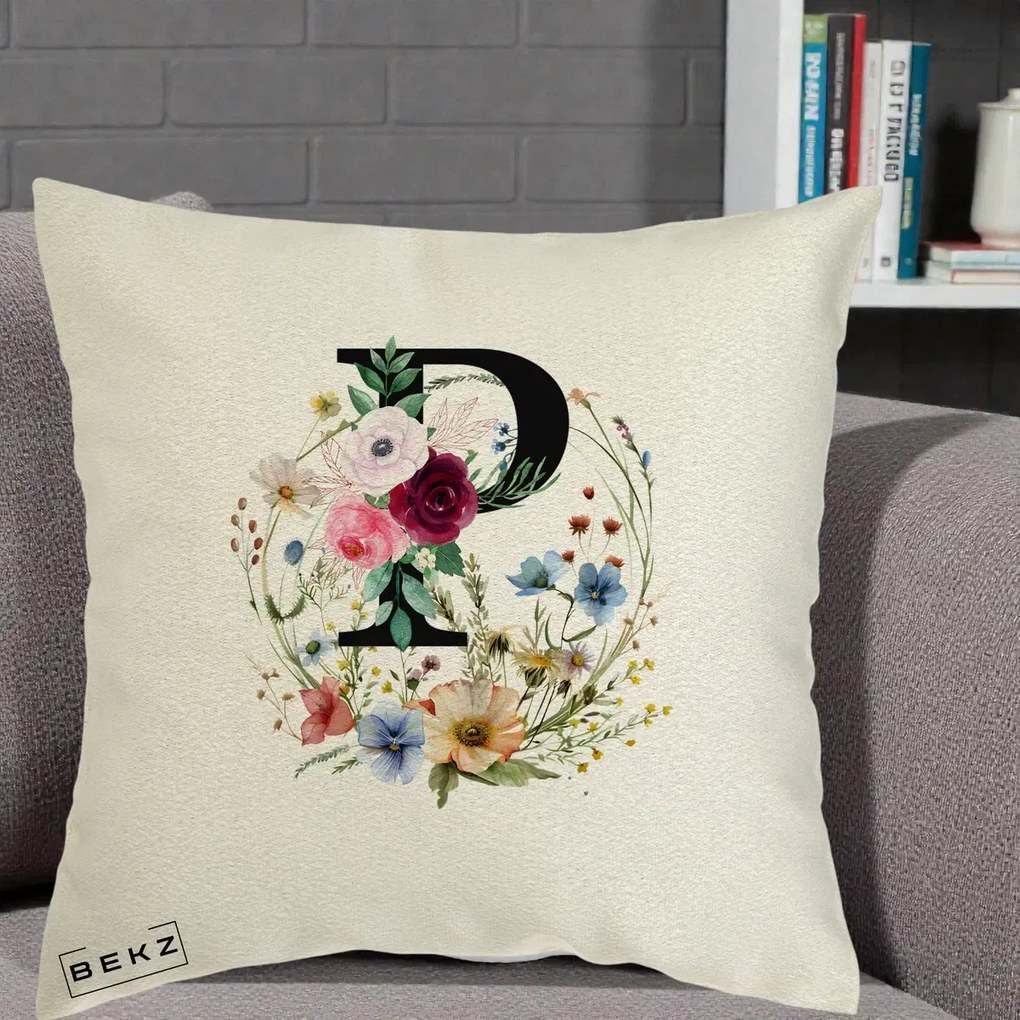 Cadou Personalizat - Perna Personalizata Monogram Litera P cu Flori Acuarela, 40x40 cm, Ecru, Husa Detasabila, Perna Inclusa, BEKZ®