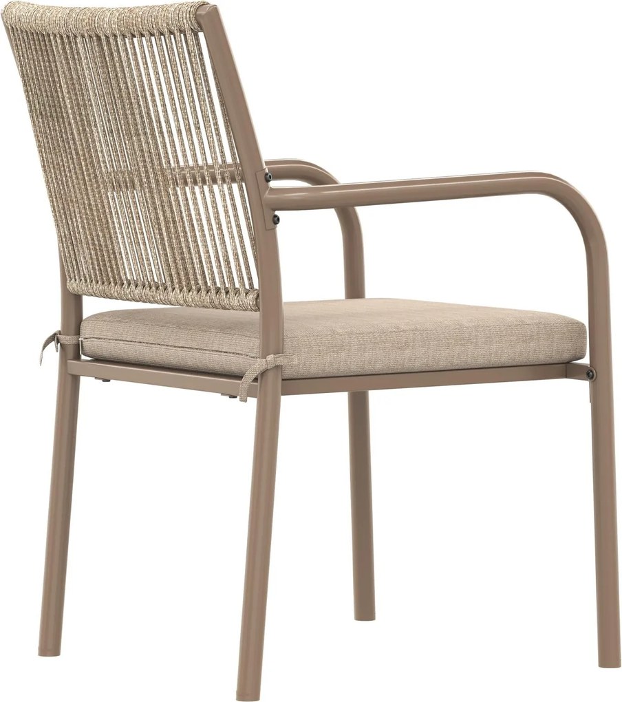 Set mobilier de grădină modern, 5 piese, masă rotundă cu blat din sticlă securizată, 4 scaune cu brațe cu spătar din sfoară, Maro