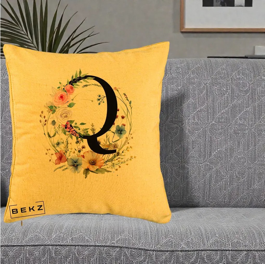Cadou Personalizat - Perna Personalizata Monogram Litera Q cu Flori Acuarela, 40x40 cm, Galben, Husa Detasabila, Perna Inclusa, BEKZ®