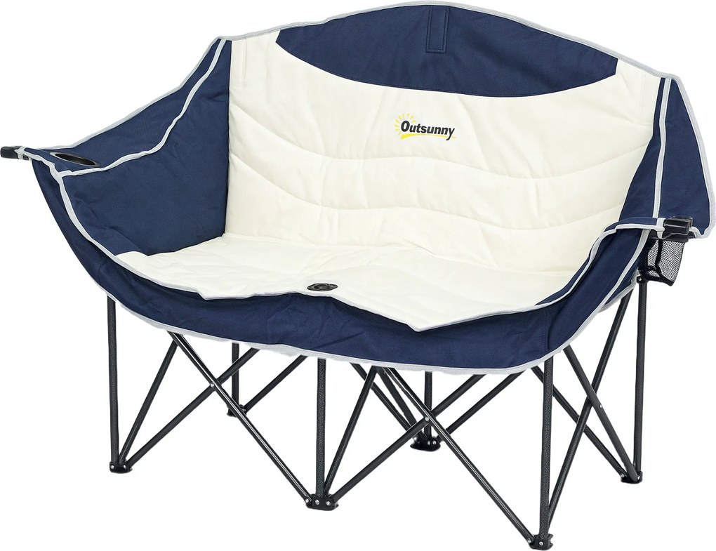 Outsunny Scaun pliant pliabil 2 locuri Scaun camping cu suport pentru băuturi Geantă de transport până la 250 kg Albastru | Aosom Romania