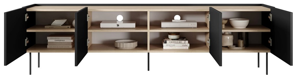 Comodă TV cu picioare metalice Desin 220 cm - negru mat / stejar nagano
