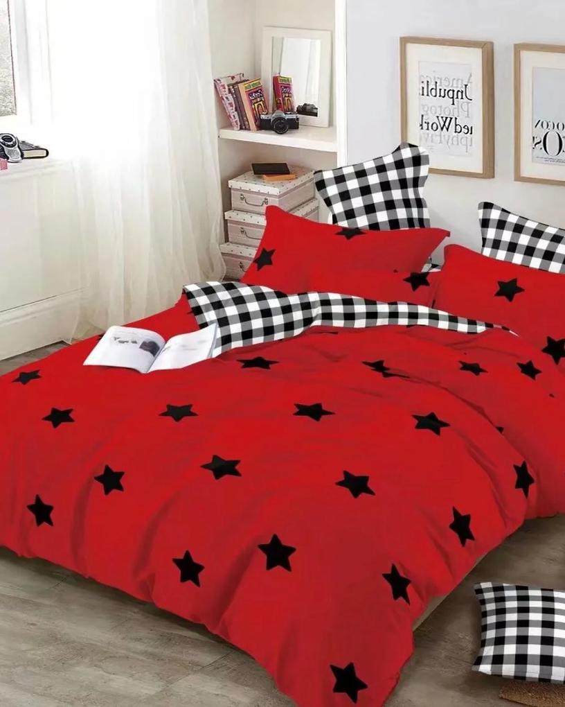 Lenjerie de pat cu 2 fete, policoton, pat 2 persoane, 4 piese, rosu / negru, R4-441