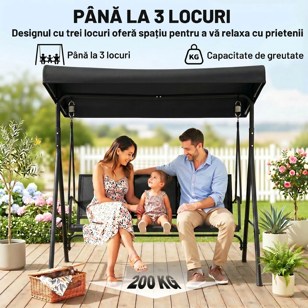 Outsunny Leagăn de Grădină pentru 3 Persoane cu Acoperiș, Șezut Respirabil și Cadru din Oțel, Negru | Aosom Romania