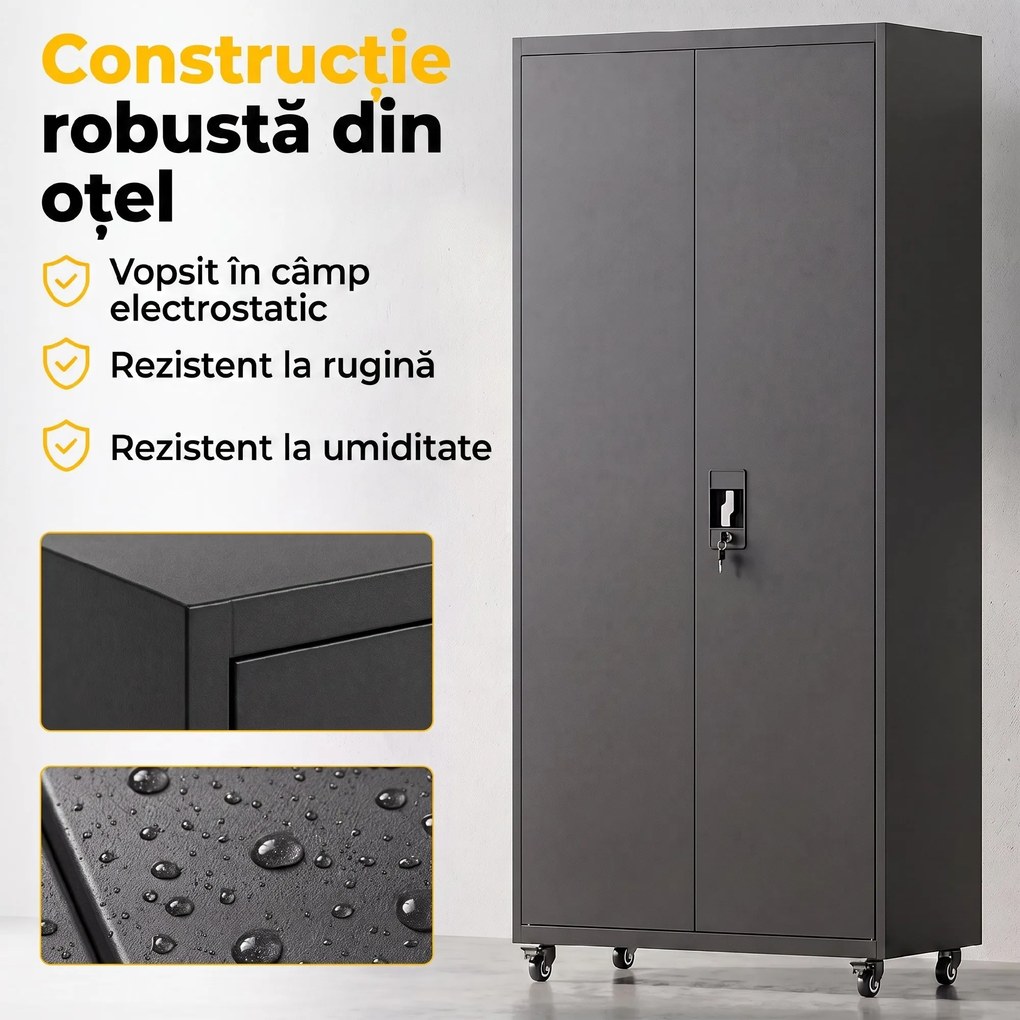 HOMCOM Dulap Metalic pentru Depozitare, Oțel, Încuietoare, Roți Detașabile și Rafturi Reglabile, 80x40x180 cm, Negru | Aosom Romania
