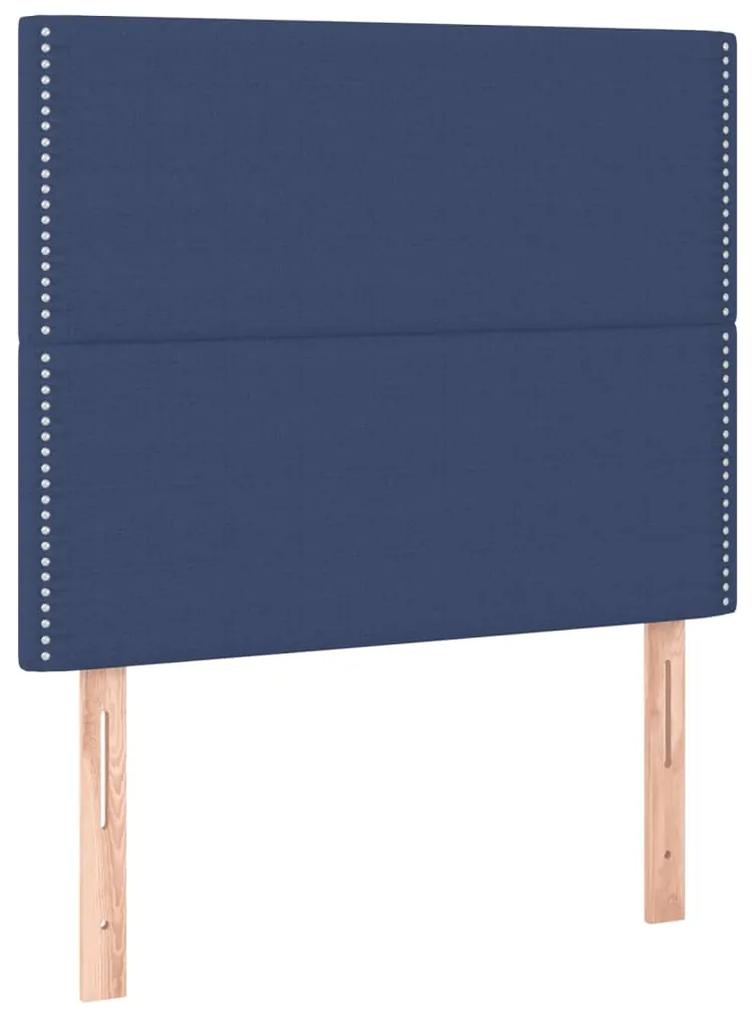 Pat box spring cu saltea, albastru, 100x200 cm, textil Albastru, 100 x 200 cm, Culoare unica si cuie de tapiterie