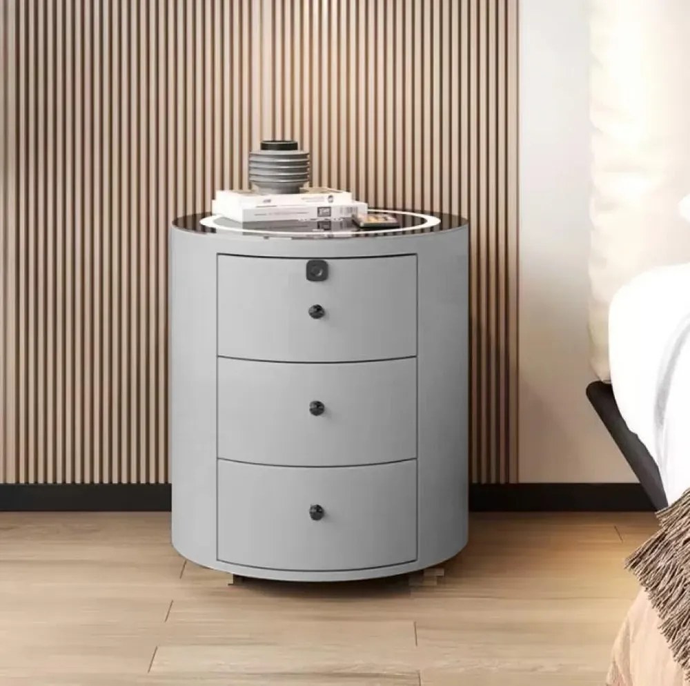 Noptieră inteligentă multifuncțională rotundă, 3 sertare, iluminare LED-uri Touch, blocare amprentă, încărcare fără fir, sticlă securizată, Gri
