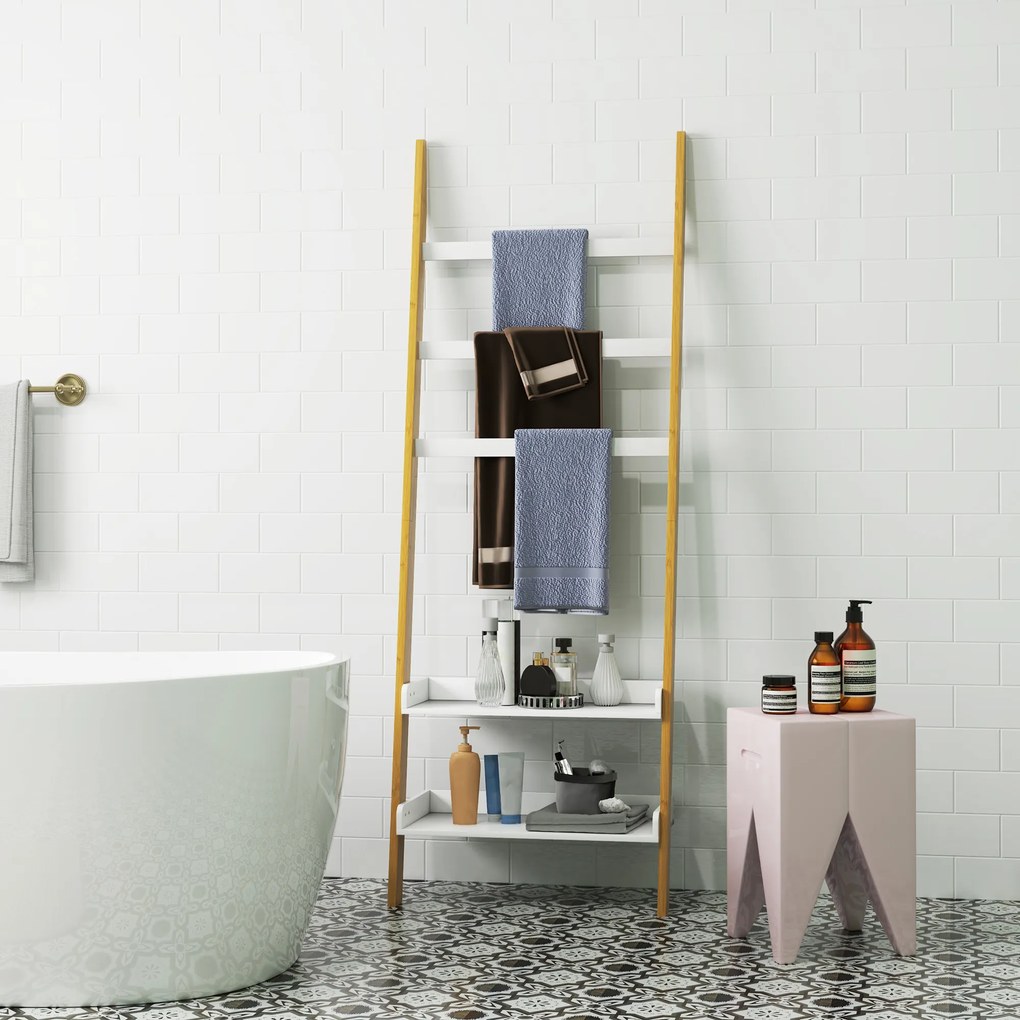 HOMCOM Etajeră de depozitare etajeră scară cu 2 rafturi și 3 suporturi pentru prosoape pentru cameră și living, alb | Aosom Romania