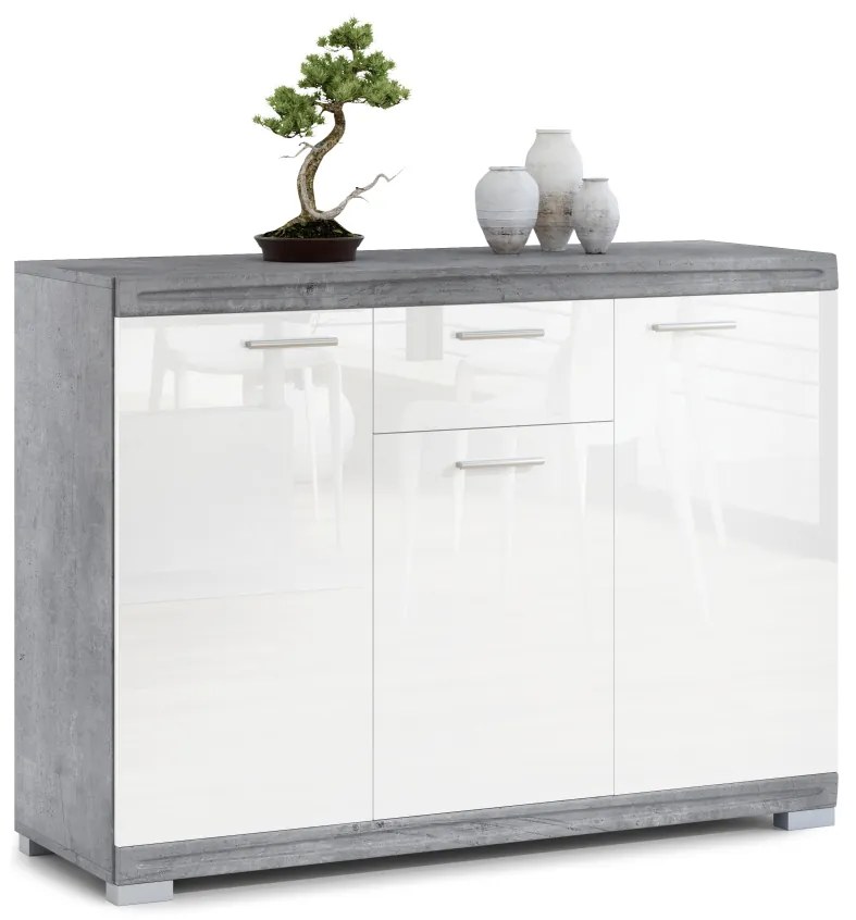 Mazzoni Comodă lată SIMPLE KD3SZ1 Beton Millennium/Alb Luciu - DULAP CU RAFTURI PENTRU LIVING