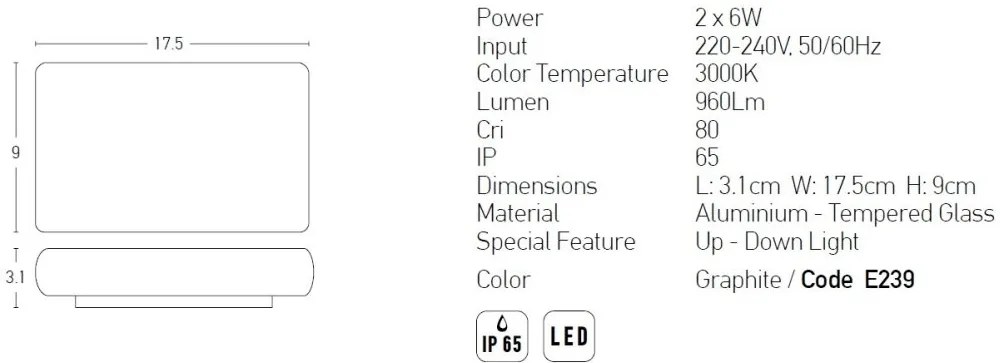 Aplica LED de perete pentru iluminat exterior, up/down, IP65 Cini grafit 17,5cm