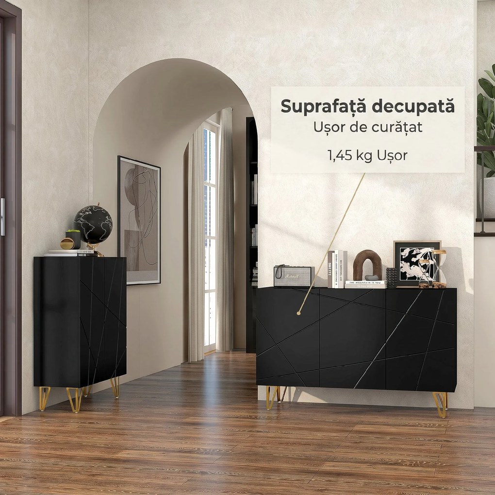 HOMCOM Dulap de Depozitare cu 2 Dulapuri și Raft Reglabil pe 3 Niveluri, Bufet Modern din PAL și Metal, 120x40x75 cm, Negru și Auriu | Aosom Romania