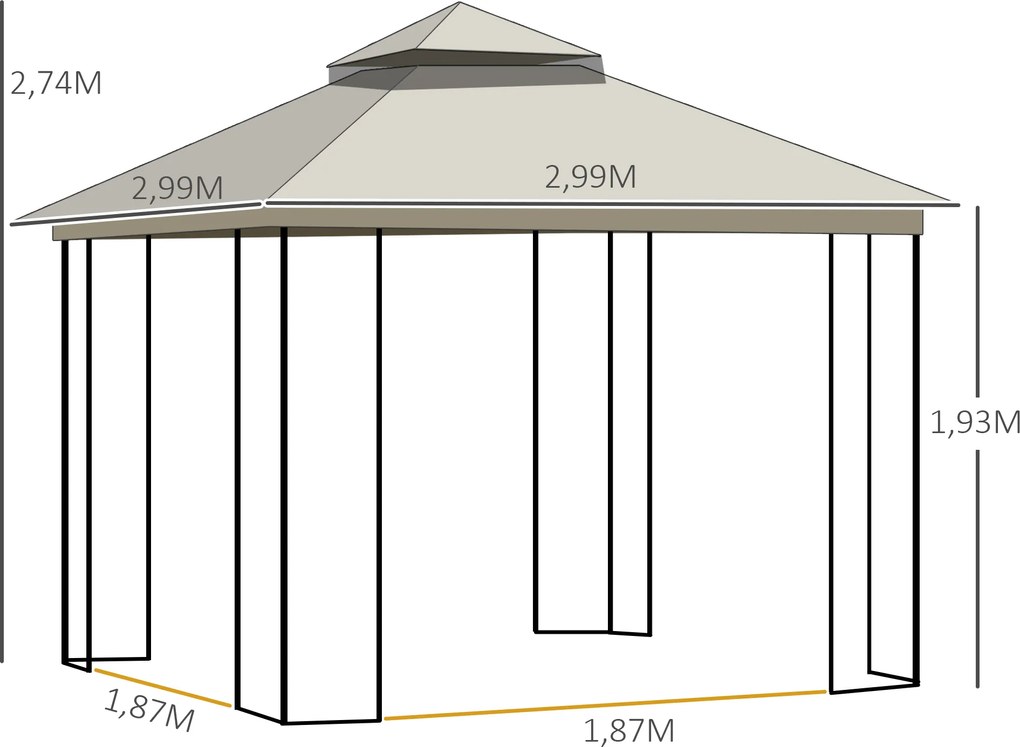 Outsunny Pavilion de grădină cu acoperiș dublu, cort pentru petreceri, cu 4 x pereți laterali, Metal+Poliester, Bej, 2,99 x 2,99 x 2,74 m | Aosom Romania