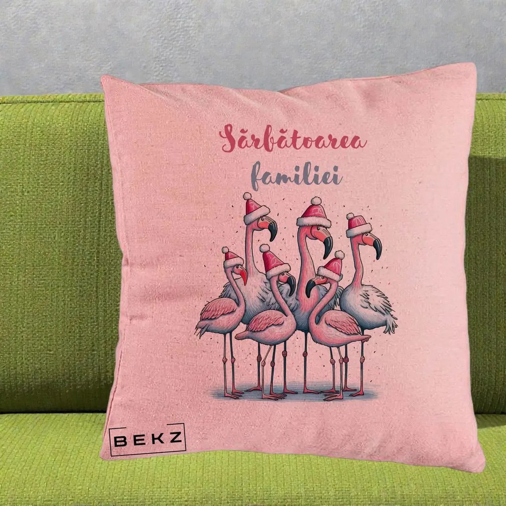 Perna Decorativa Flamingo Craciun Sarbatoarea Familiei, 40x40 cm, Roz, Husa Detasabila, Perna Inclusa, BEKZ®