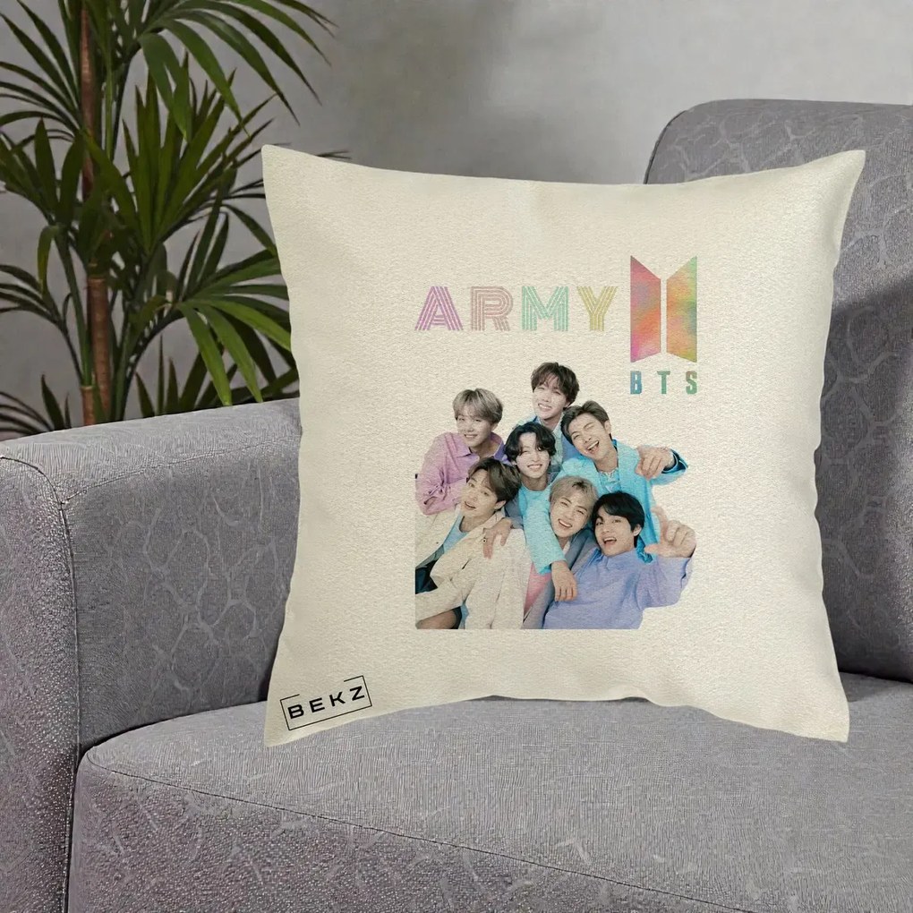 Perna Personalizata K-pop BTS ARMY Fotografie Grup Veseli, 40x40 cm, Ecru, Husa Detasabila, Perna Inclusa, BEKZ®