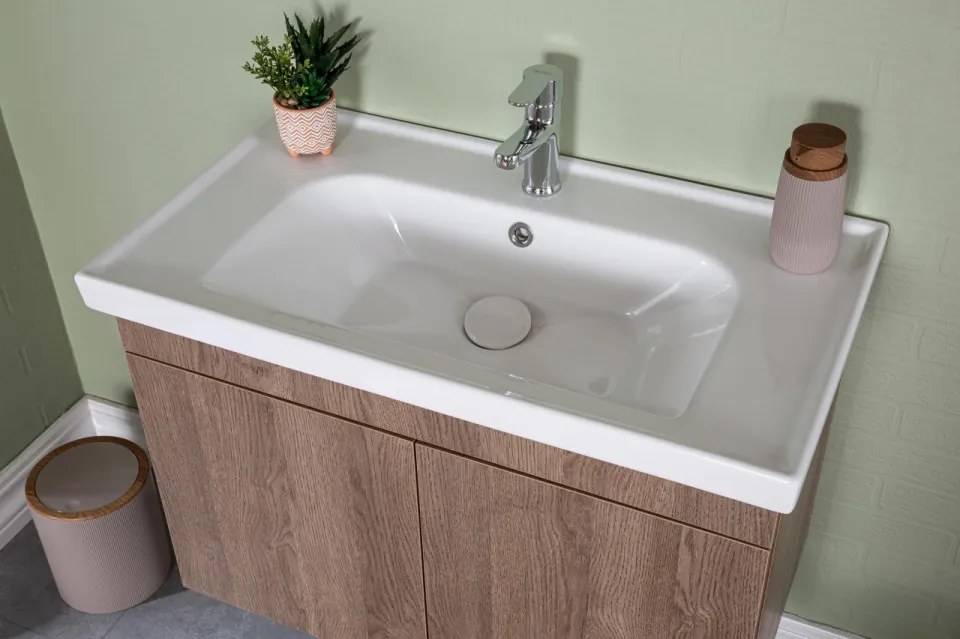 Set Mobilier Baie Bryce, Include Baza Lavoar, Lavoar și Corp cu Oglinda, 80 cm, Nuc