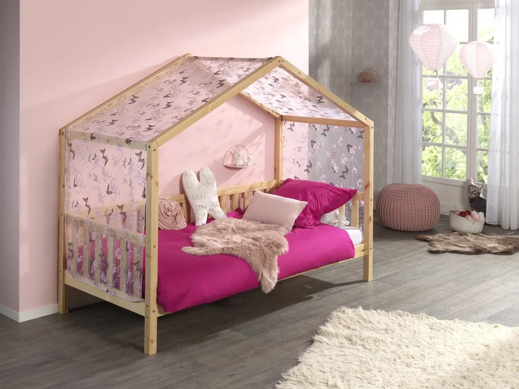 Set DALLAS culoare lemn natural este format dintr-un Pat copii Vipack cu gard (90 x 200 cm) și un set textil.