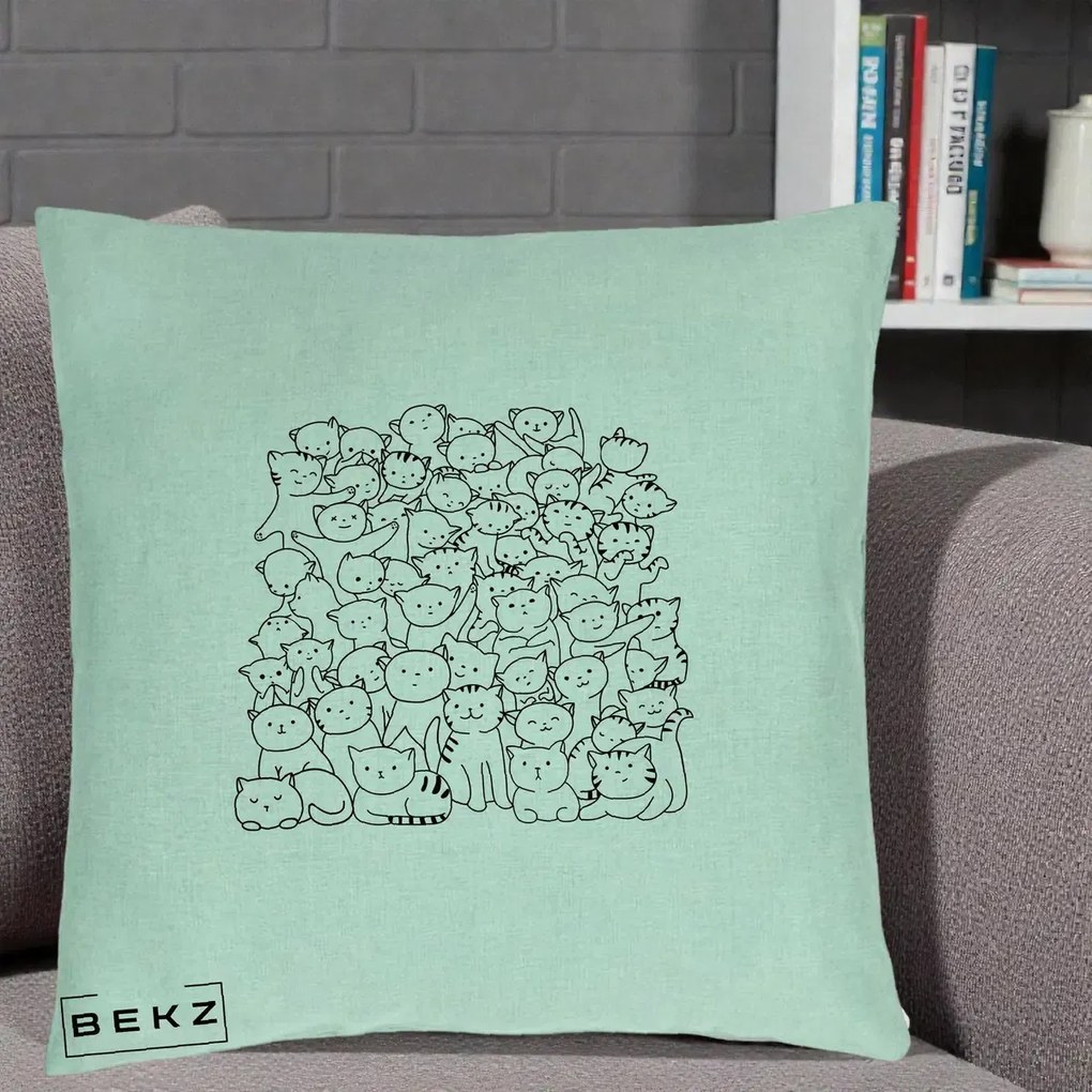 Perna Personalizata Many Cats Pattern Alb-Negru, 40x40 cm, Verde Menta, Husa Detasabila, Perna Inclusa, BEKZ®