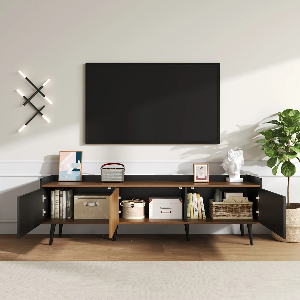 Comodă TV cu 3 uși, picioare din lemn și margine înaltă, 160x39x49,5 cm, Culoare naturală+Negru
