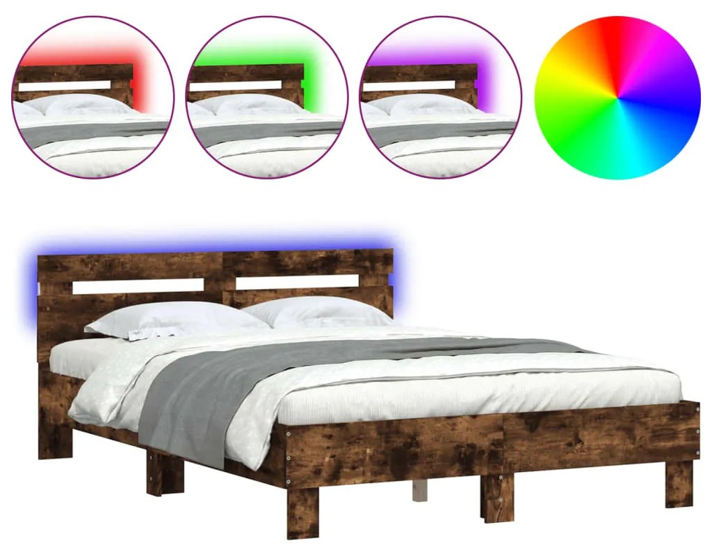 3207578 vidaXL Cadru de pat cu tăblie și LED, stejar fumuriu, 120x190 cm