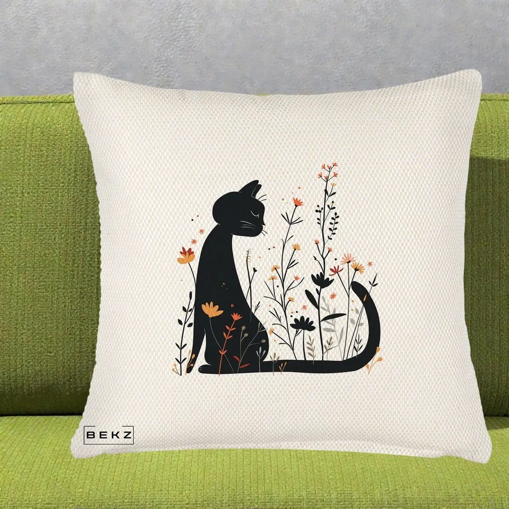 Perna Decorativa Pisica Neagra Flori Portocalii Silueta, 40x40 cm, Crem Reliefat, Husa Detasabila, Perna Inclusa, BEKZ®
