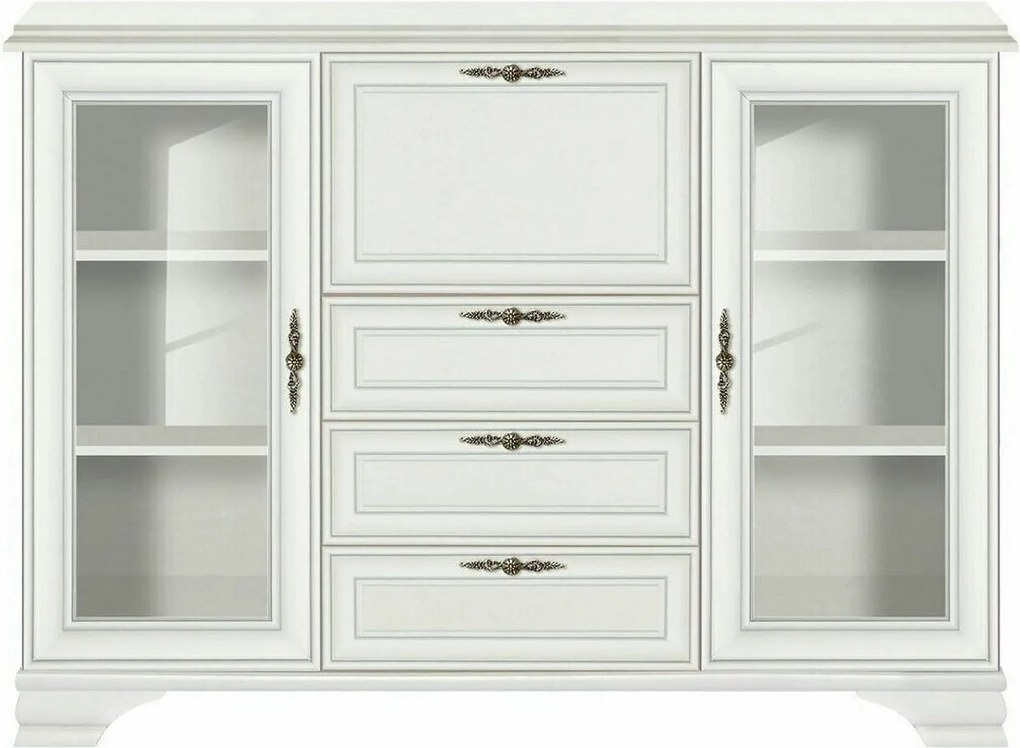 Vitrina living clasica IDENTO, alb, PAL/MDF/sticla/metal, 155x45x110 c
