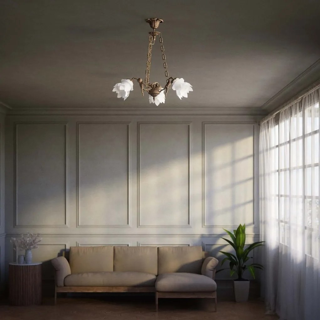 Candelabru 3 brate din alama cu abajur din sticla Putti