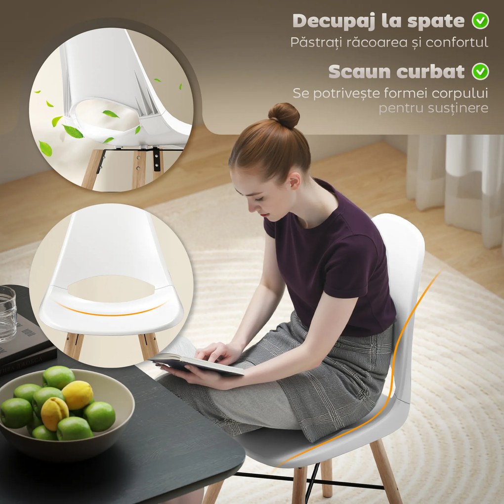 HOMCOM Set 2 Scaune de Bucătărie din Plastic și Lemn în Stil Nordic Alb | Aosom Romania
