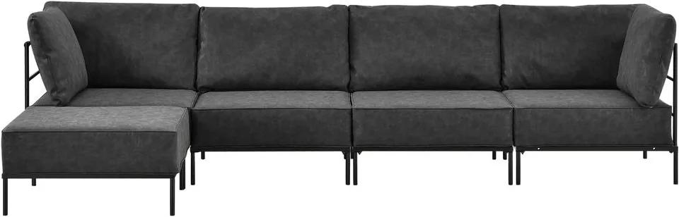 [en.casa]® Canapea sectionala - canapea design cu 4 locuri si suport pentru picioare - capitonata - negru - imitatie de piele Wild