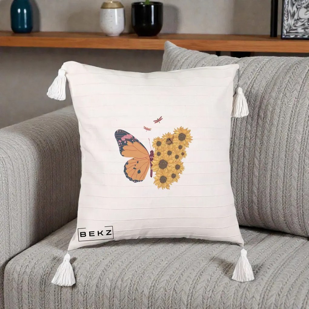 Perna Decorativa Fluture Floarea-Soarelui, 40x40 cm, Bej cu Franjuri, Husa Detasabila, Perna Inclusa, BEKZ®