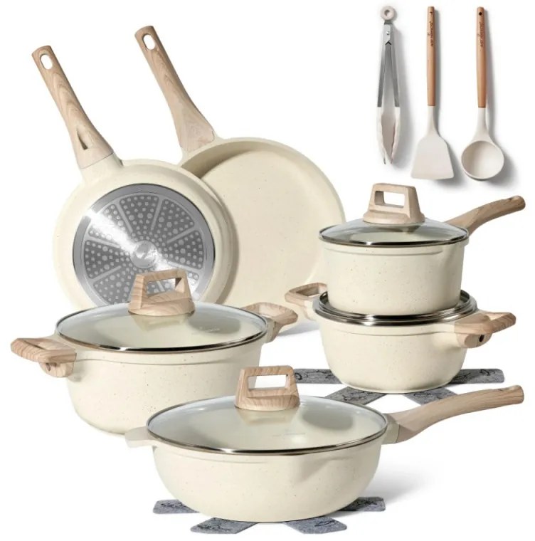 Set oale si tigai Just Perfecto JL-788, 15 piese, Finisaj marmura, Inductie, Accesorii, Bej