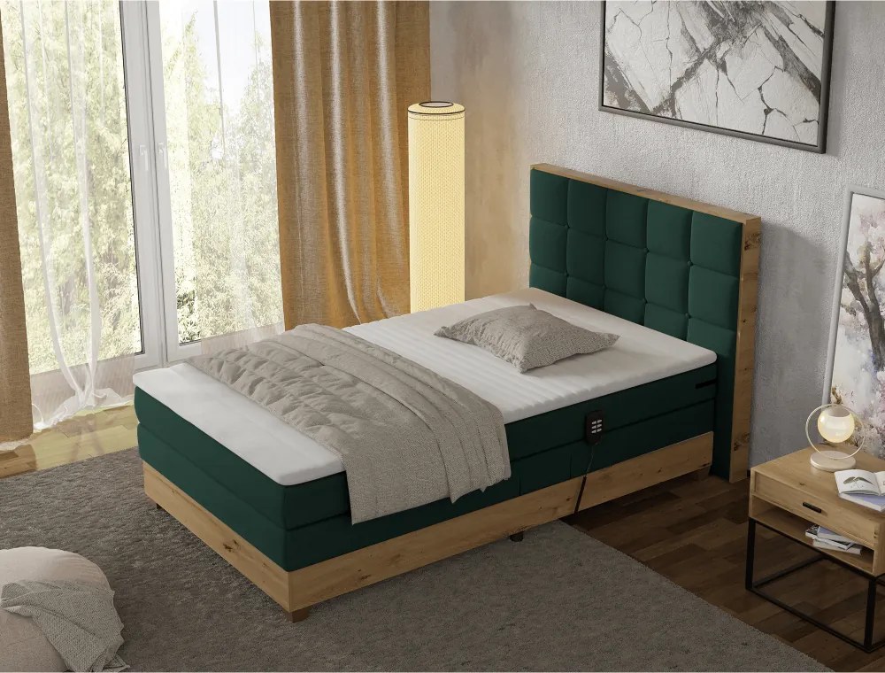 Pat electric reglabil, boxspring, verde/stejar artizanal, 120x200, TIANA