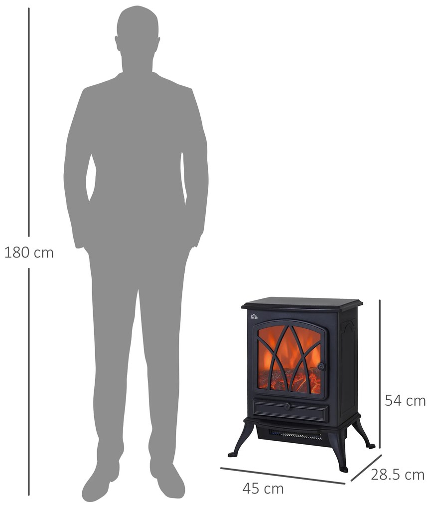 HOMCOM Șemineu Electric cu Efect de Flăcări, Sobă Electrică cu Termostat și Lumină Reglabilă, 45x28,5x54 cm, Negru | Aosom Romania