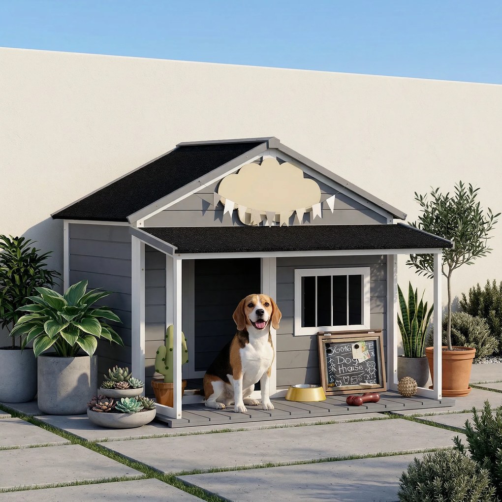 PawHut Casuță din Lemn de Exterior pentru Câini, Cușcă pentru Câini cu Terasă, Fereastră și Acoperiș Impermeabil, 124x112x105 cm, Gri | Aosom Romania