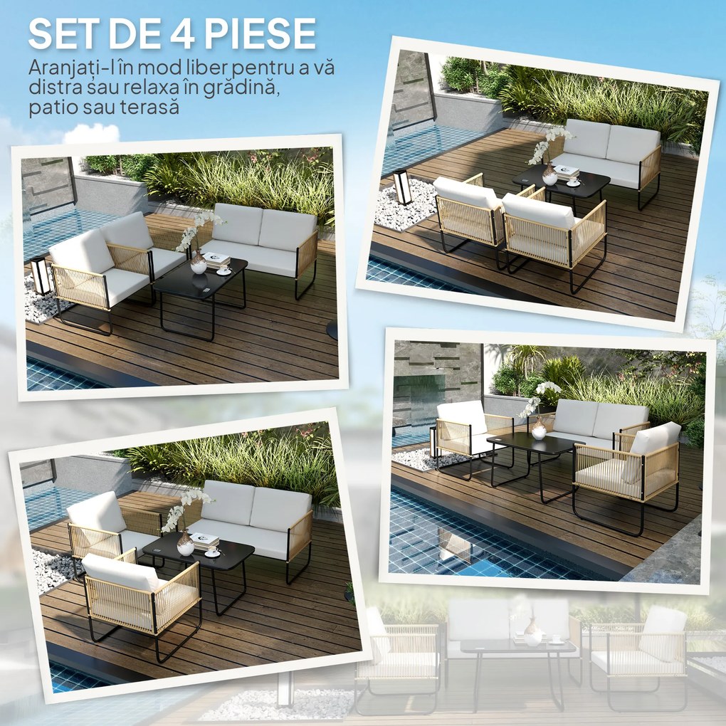 Outsunny Set Mobilier de Grădină din 4 Piese cu Canapea, 2 Fotolii și Măsuță, 110x61x63 cm, Alb Crem | Aosom Romania