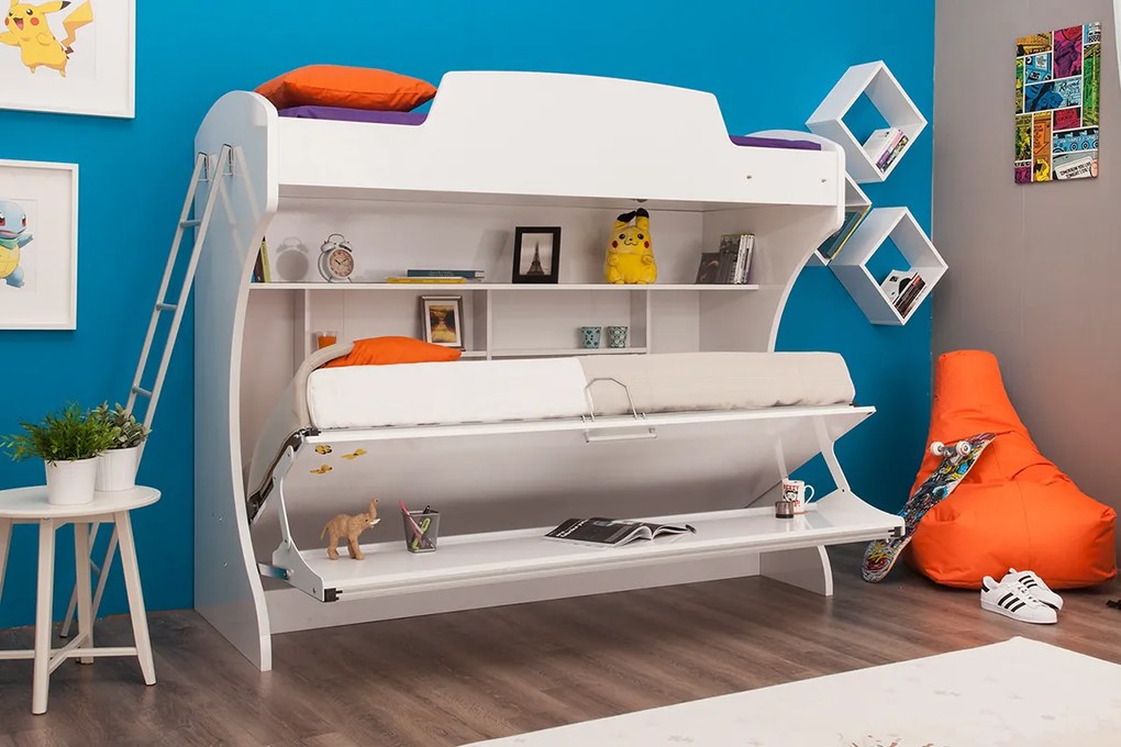 Pat rabatabil suprapus cu birou diva academy bunk (85x190) si (90x190) - alb mat