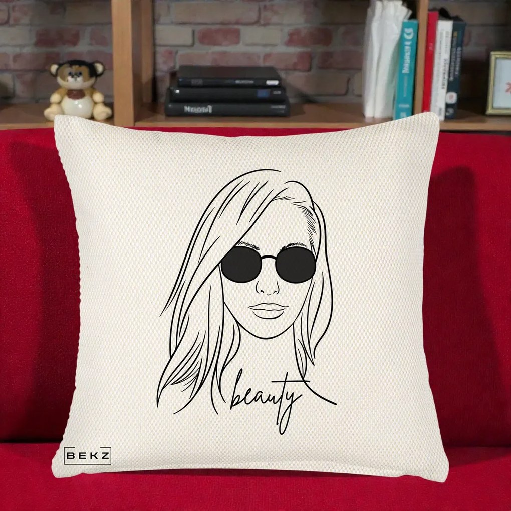 Perna Decorativa Beauty Girl Line Art, 40x40 cm, Crem Reliefat, Husa Detasabila, Perna Inclusa, BEKZ®