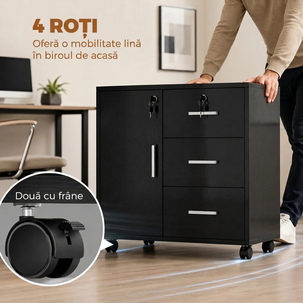 HOMCOM Dulap cu 3 Sertare, Poliță Reglabilă, Suport pentru Imprimantă și Lacăt, Negru | Aosom Romania