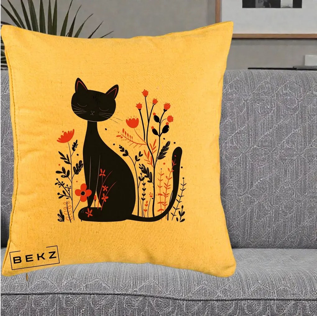 Perna Decorativa Pisica Neagra Flori Rosii Folk Minimal, 40x40 cm, Galben, Husa Detasabila, Perna Inclusa, BEKZ®