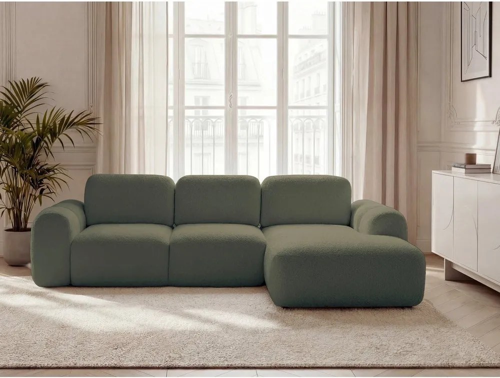 Colțar verde extensibil/cu spațiu de depozitare cu tapițerie din țesătură bouclé (cu colț pe partea dreaptă/cu șezlong) Montaigne – Bobochic Paris