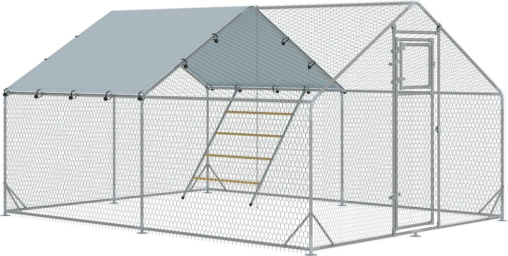 PawHut Coteț pentru Găini cu Acoperiș Impermeabil și Rezistent la UV, Hrănitor și Usă, 300x400x195 cm, Argintiu | Aosom Romania