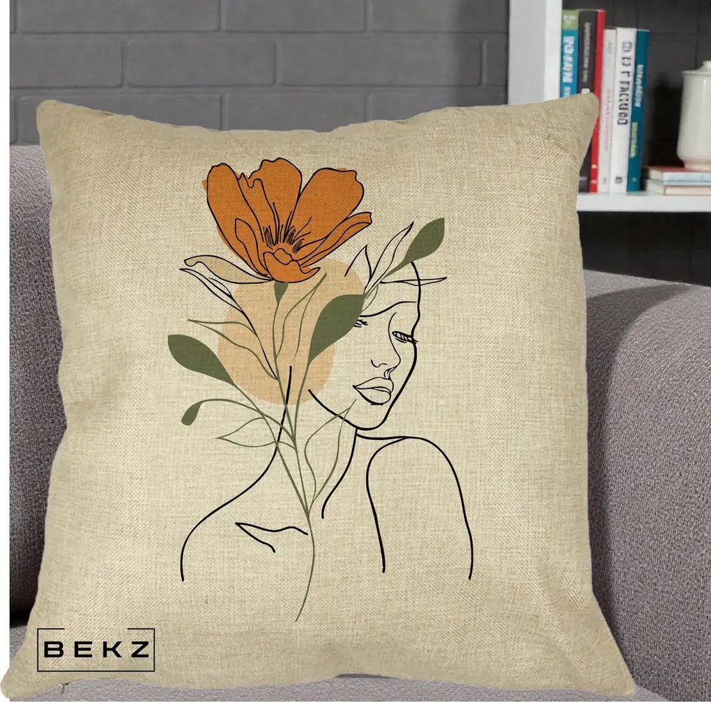 Perna Decorativa Portret Feminin Floare Portocalie, 40x40 cm, Crem, Husa Detasabila, Perna Inclusa, BEKZ®