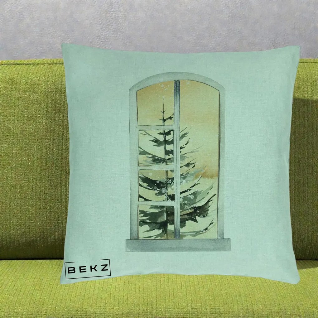 Perna Decorativa Fereastra cu Brad de Iarna, 40x40 cm, Verde Menta, Husa Detasabila, Perna Inclusa, BEKZ®